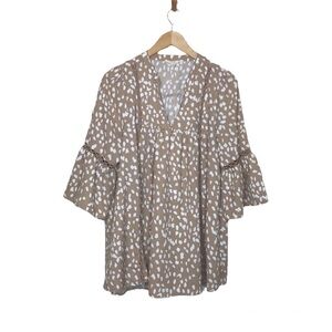 Oddy Pullover Tunic Top Womens Sz M Boho Bell Sleeves Lattice Detail Gathers Tan